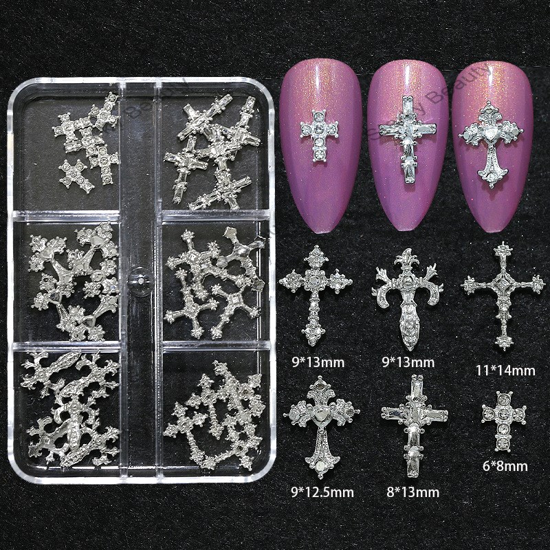 6 Box Set Cross Nail Alloy Jewelry Simple White K Diamond Metal Nail Accessories Decoration