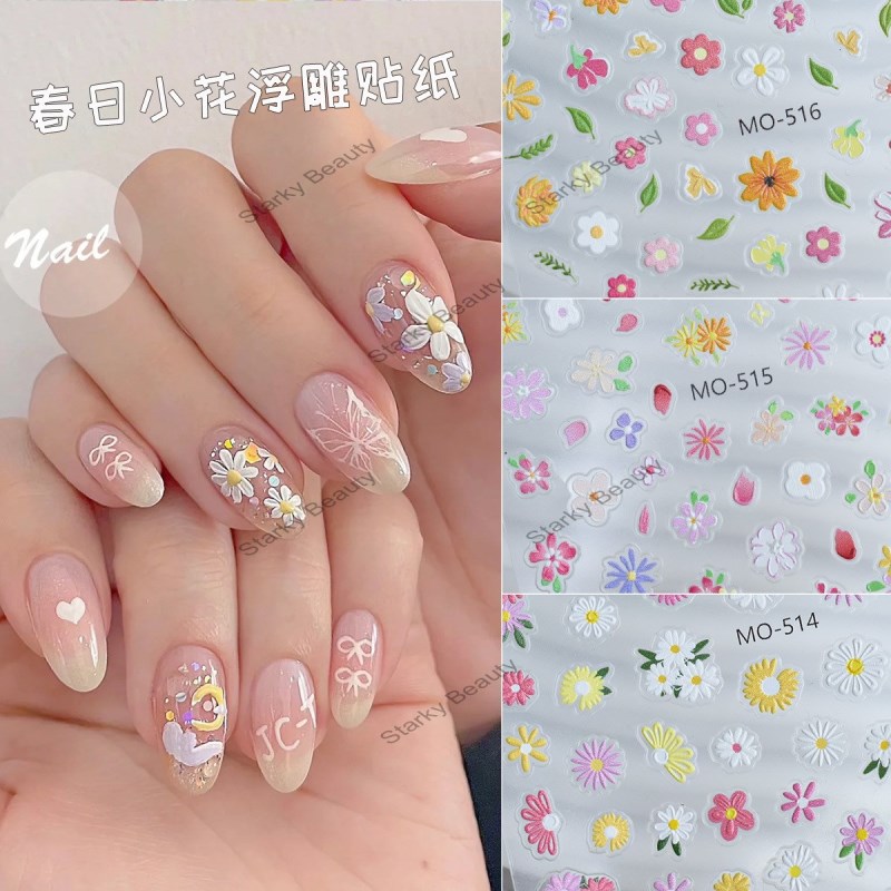 New Cute Oil Texture Small Flower Relief Color Blocks Spring Oil Painting Nail Stickers