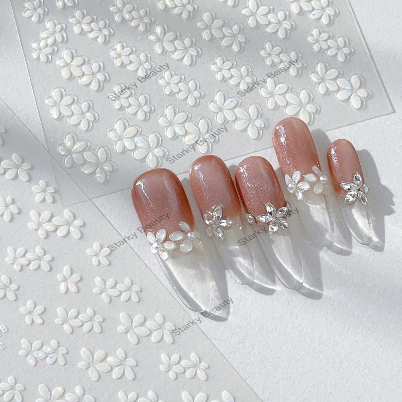 Relief White Flower Nail Stickers Solid Color Simple Pure Desire Cute Sweet Decorative Stickers