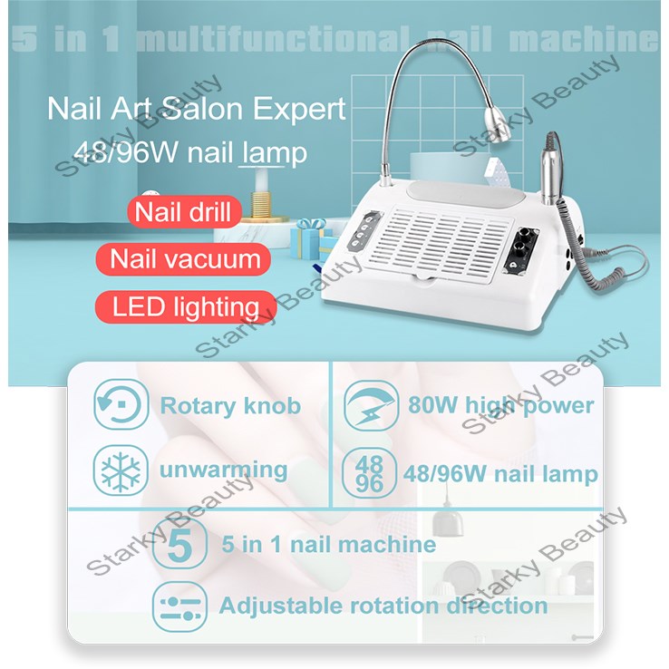 5 in 1 Nail Machine 48W Phototherapy Machine Polishing Vacuum Cleaner with Hand Pillow All in One Ma