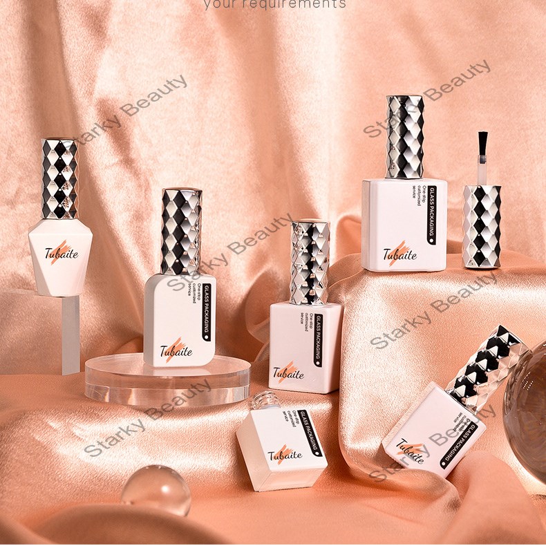 white nail polish empty bottles with lids and brushes, opaque