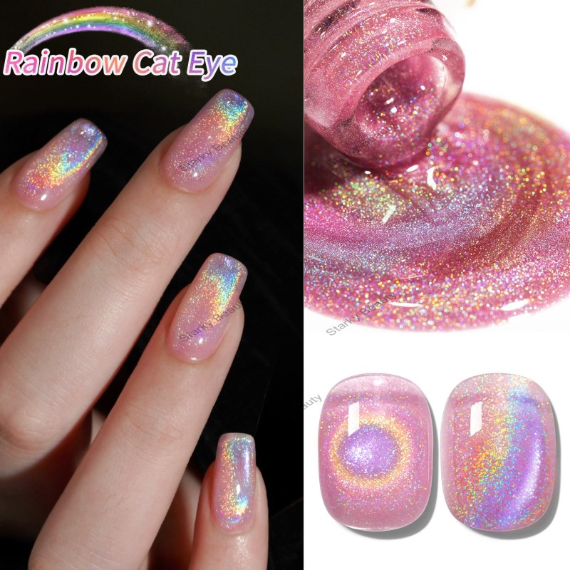 Rainbow Cat Eye Nail Oil Adhesive 2025 New Colorful Spot Glass Beads for Cat Eye Nail Salon