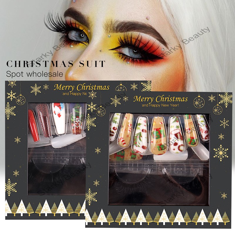 Christmas Double Eyelid Mink Hair False Eyelash Nail Patch Set Black Packaging Eyelash
