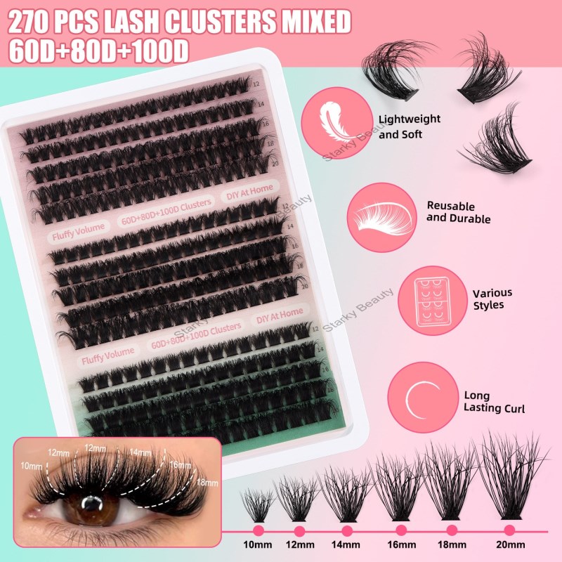 False Eyelash Extension Set for Europe and America, with 270 clusters of dense 60D+80D+100D eyelashe