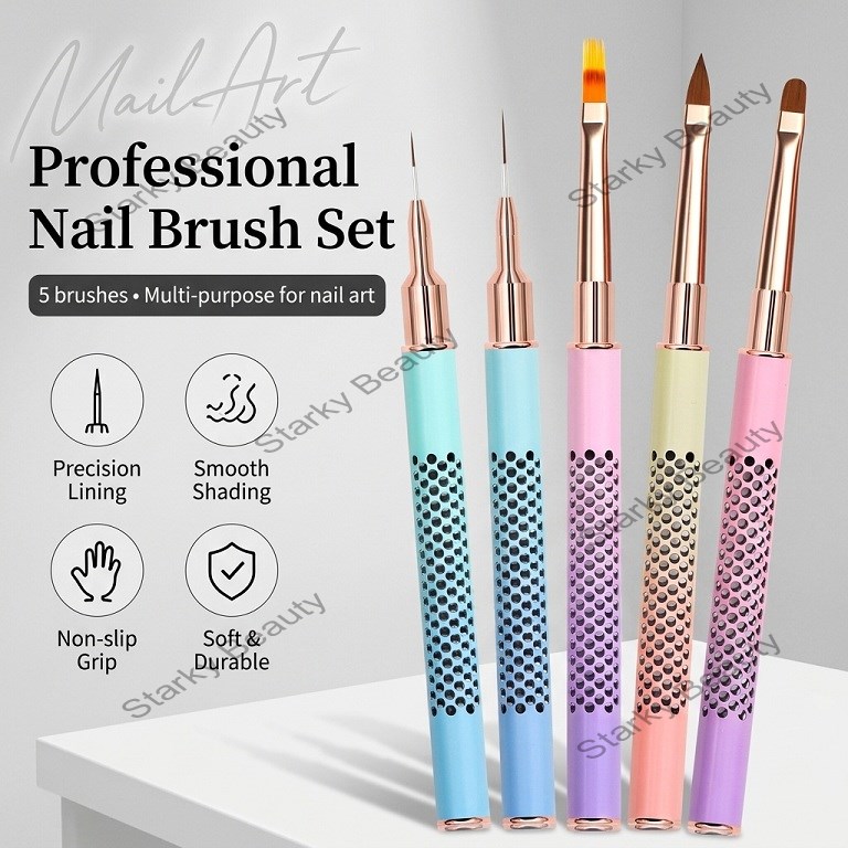 5-piece nail art brush set, featuring pull-line drawing, color blending, and UV nail art pen