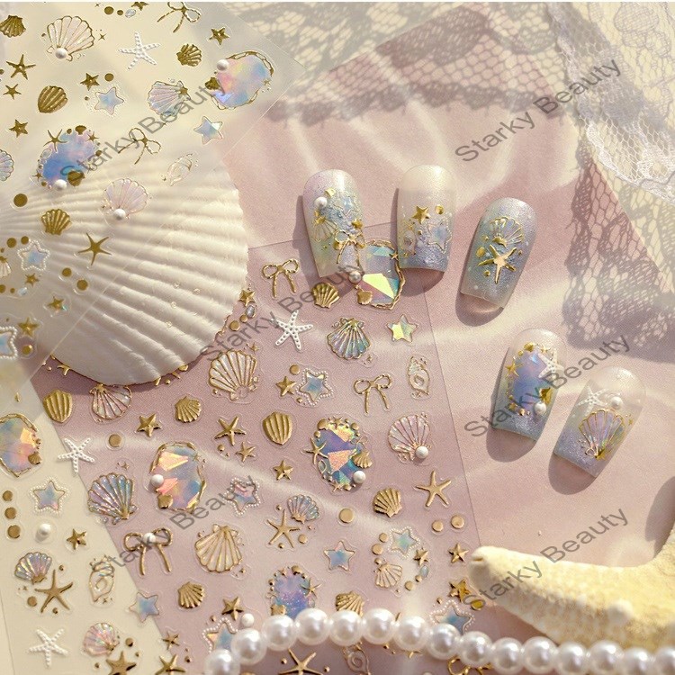 Summer beach vacation style shell starfish nail art stickers, iridescent pearl bowknot nail decals