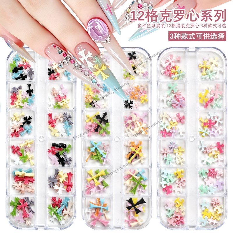 2026 12-grid boxed nail art jewelry Cross bPunk-style resin nail accessories