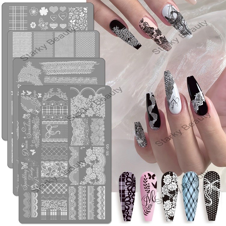 Lace butterfly rose flower ribbon bow tie plaid pattern nail art transfer template mold