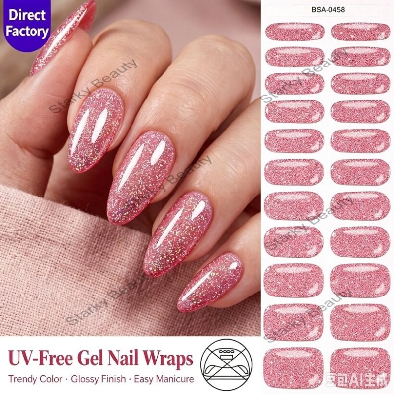 22TIPS Sparkling Pink Glitter Gel Nail Strips baking free gel nail sticker