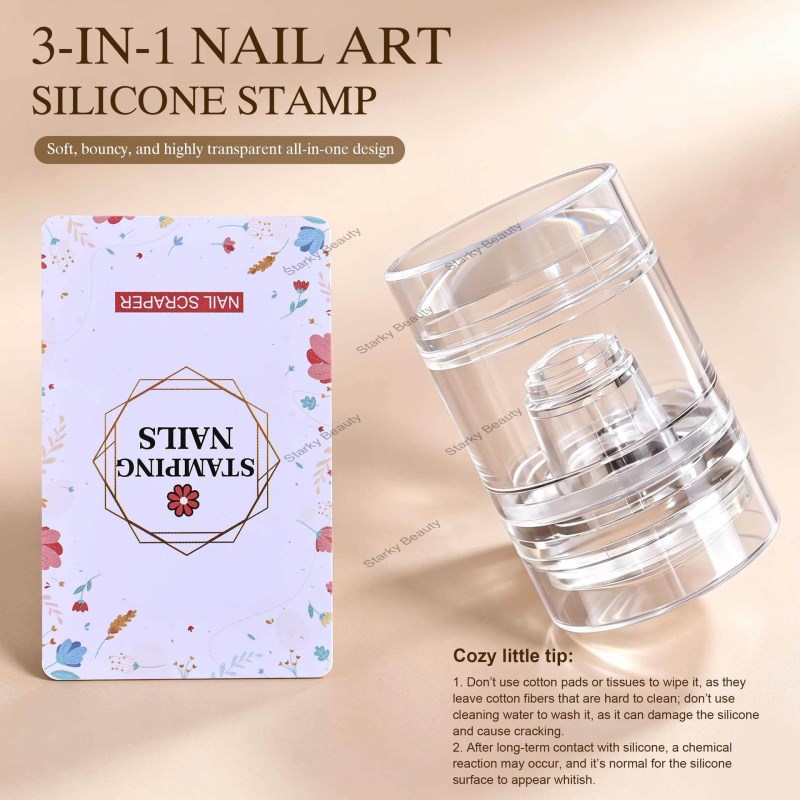 Alcohol wipe French stamp nail art 3 in 1 silicone stamp transfer printing tool