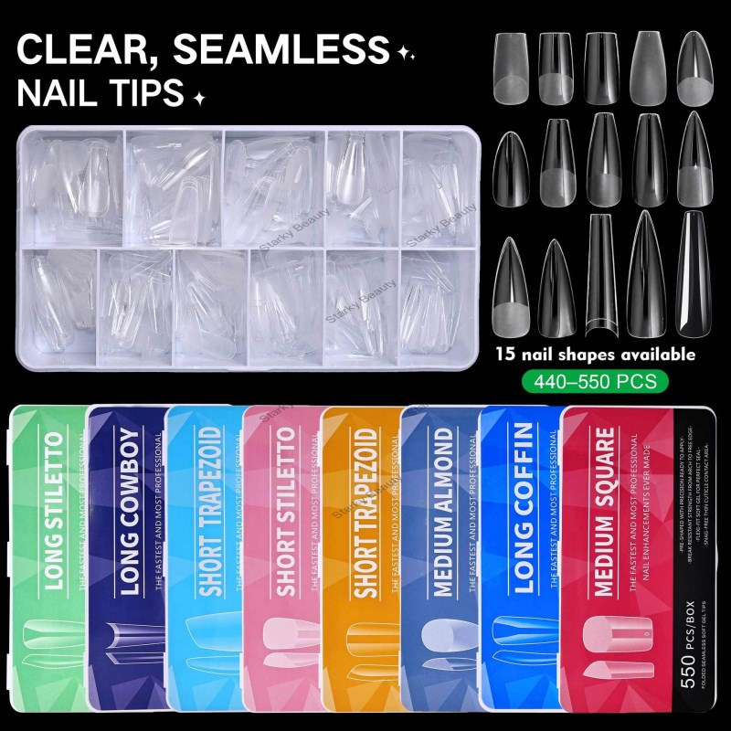 550pcs Soft Gel Nail Tips Medium Short Almond Coffin Full Cover Matte Extension Acrylic Press on