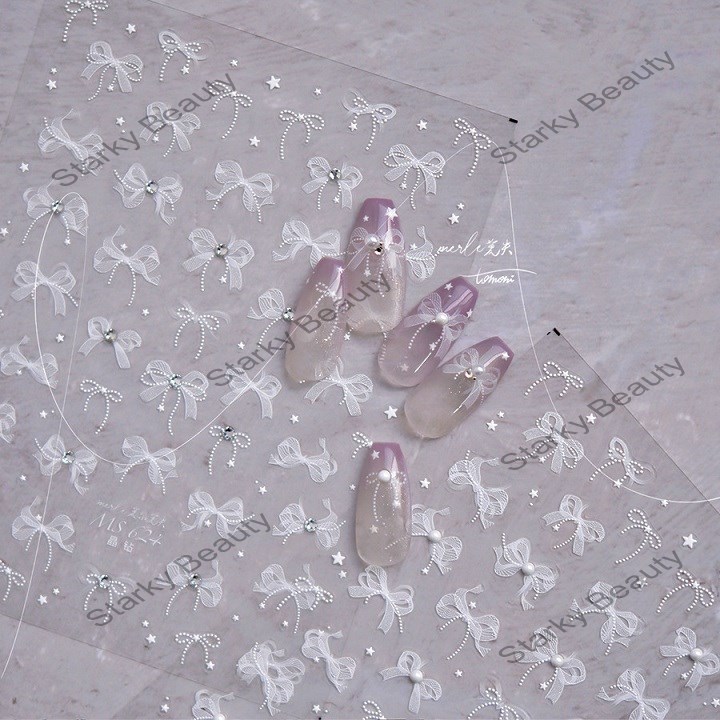 New nail stickers with white flower decoration and crystal diamond nail art stickers
