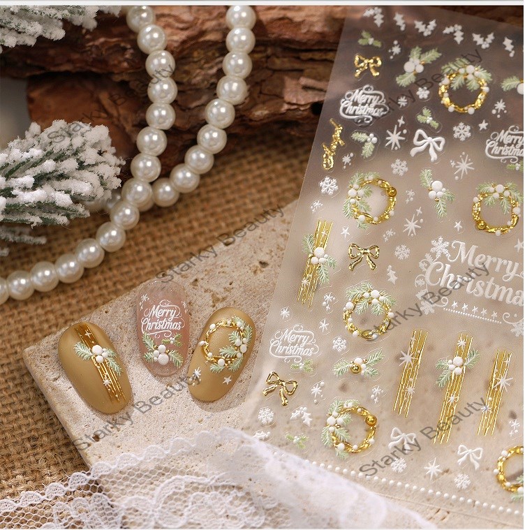 Christmas Nail Stickers Garlands Bowknot Snowflake Patterns Self-adhesive Nail Sticker