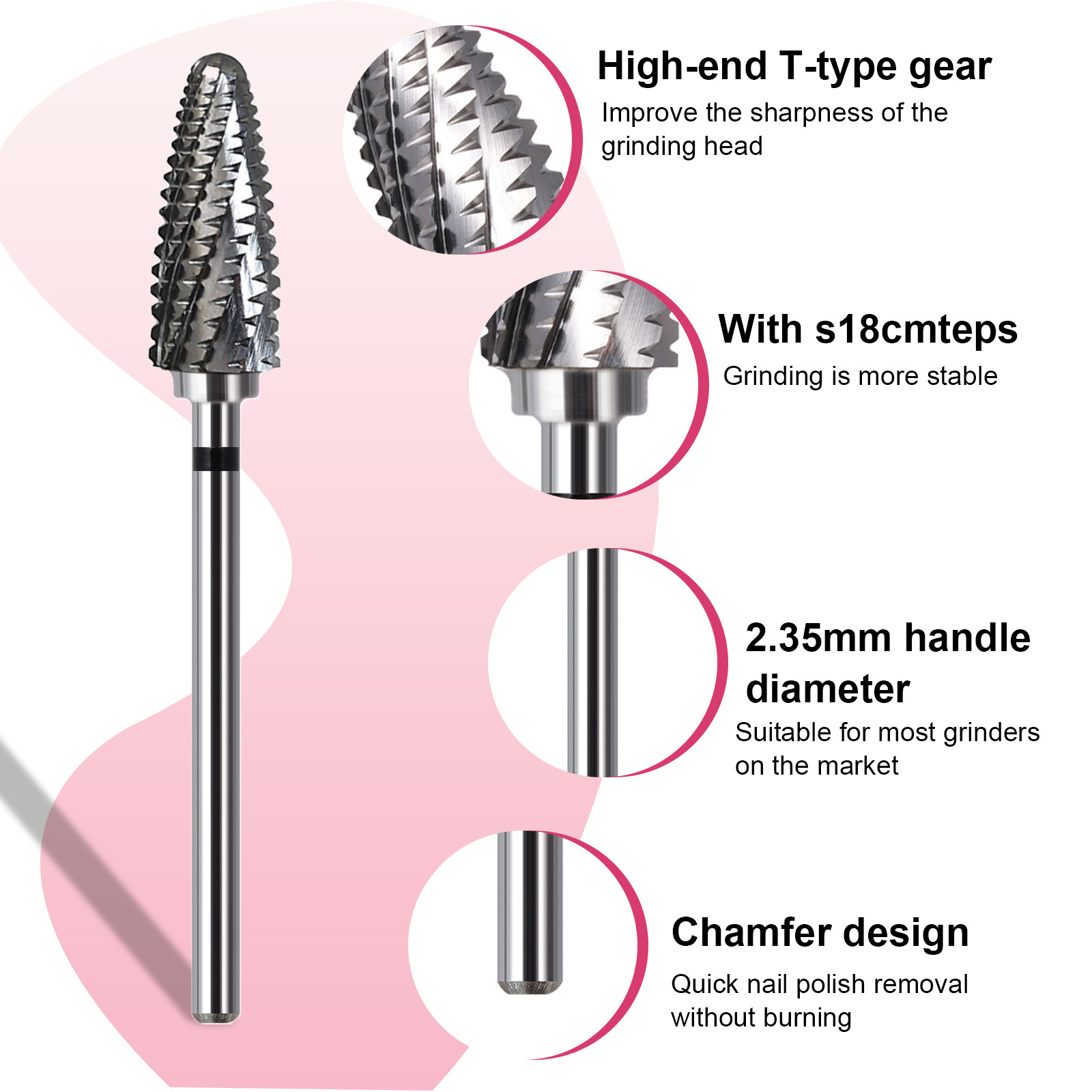 double step tungsten steel polishing head for quick nail removal, non scalding nail body