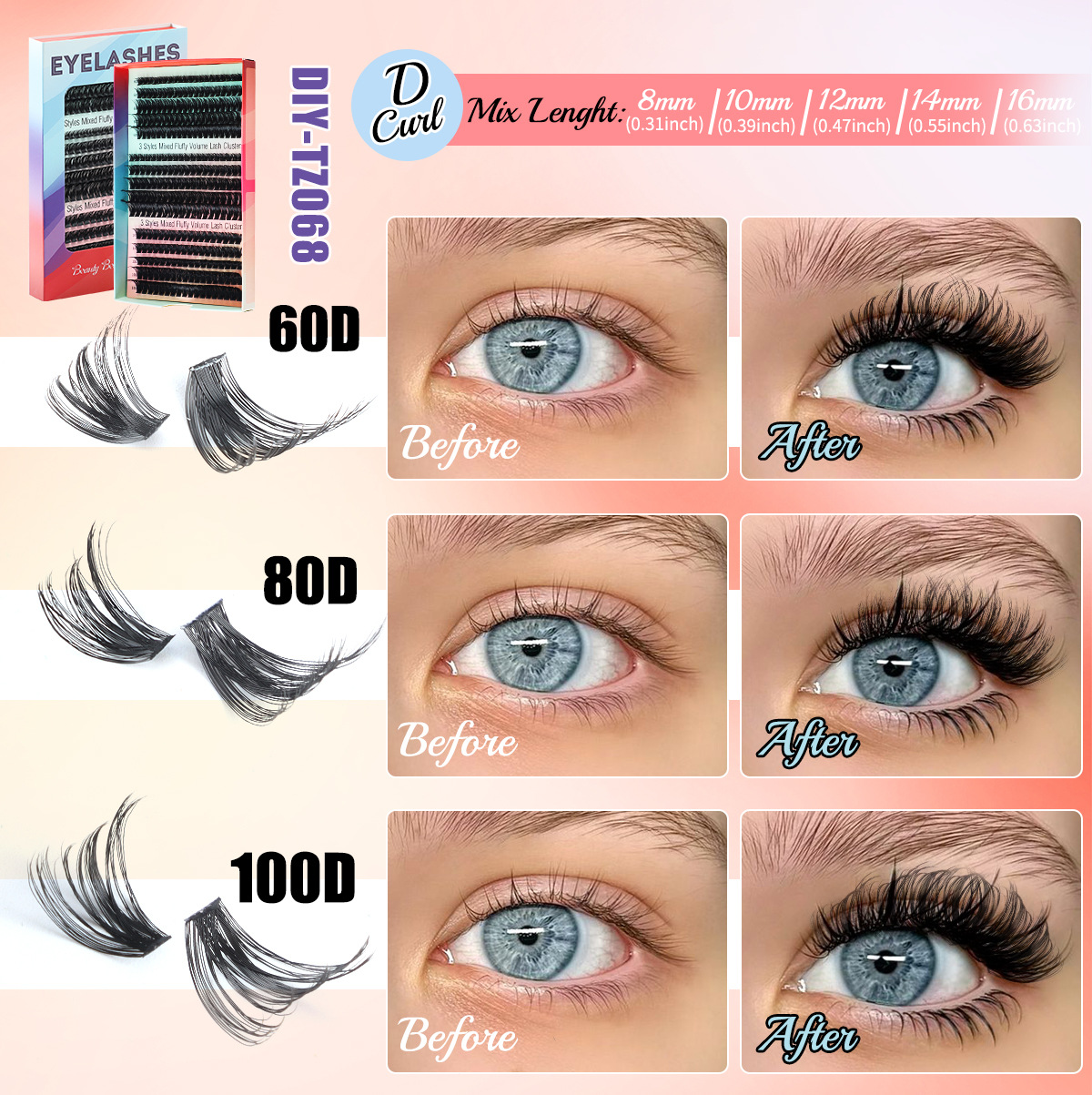 diy false eyelash extension kit 60d-80d-100d, fluffy and dense diy segmented hair