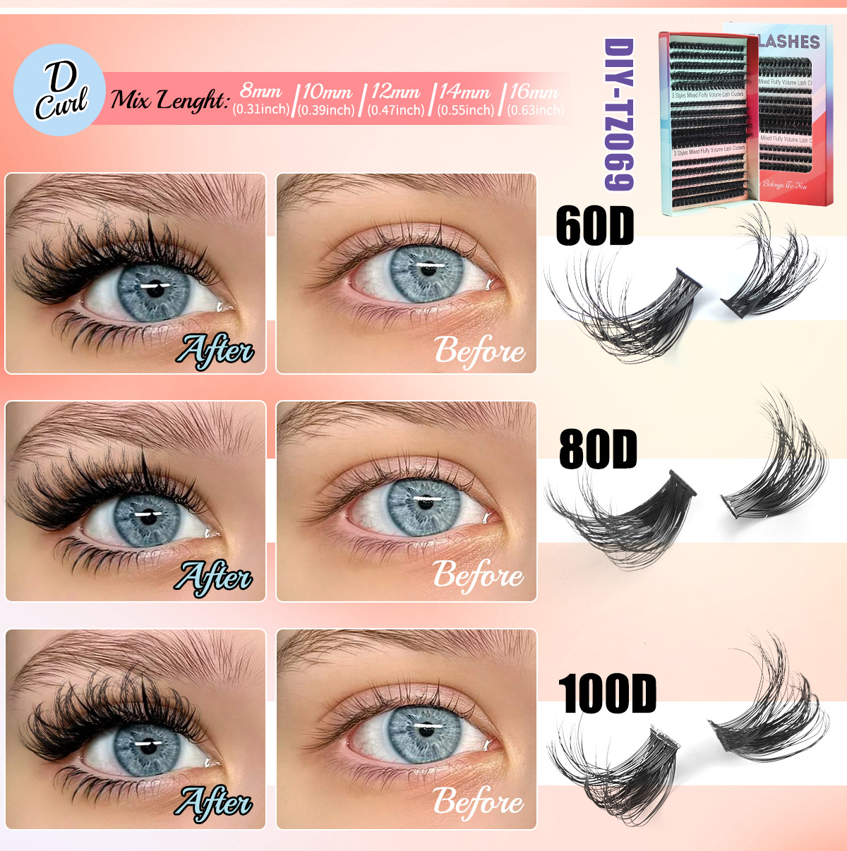 diy false eyelash extension kit 60d-80d-100d, fluffy and dense diy segmented hair